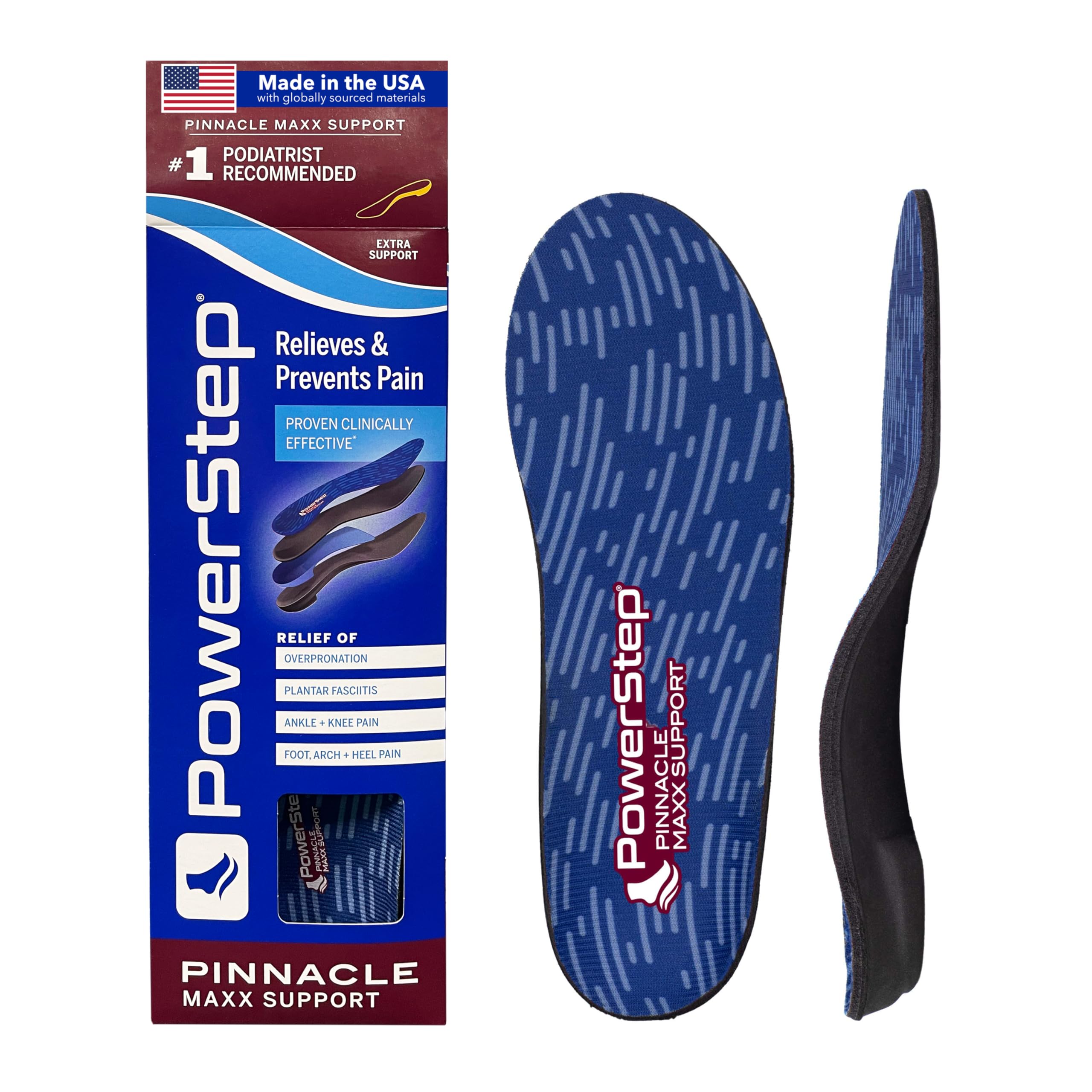 PowerStep Pinnacle Maxx Orthotic Insoles, Maximum Stability & Comfort. Firm & Flexible Angled Heel Style to Help Flat Feet & Overpronation, Heavy Duty Inserts for Men and Women, Made in USA