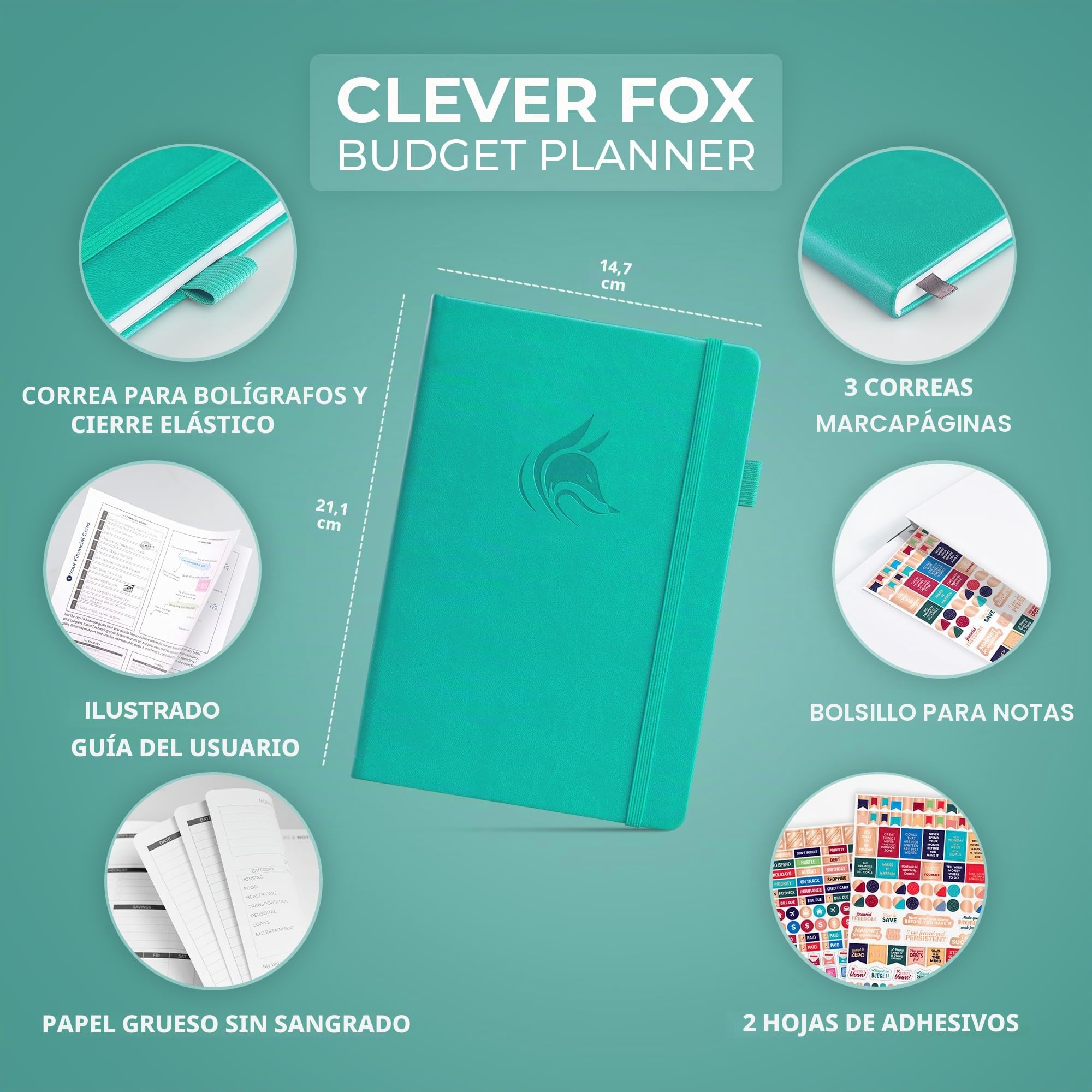 Planificador de presupuesto Clever Fox - Cuaderno de seguimiento de gastos. Diario de presupuesto mensual, planificador de finanzas y libro de cuentas para tomar el control de su dinero - Aguamarina