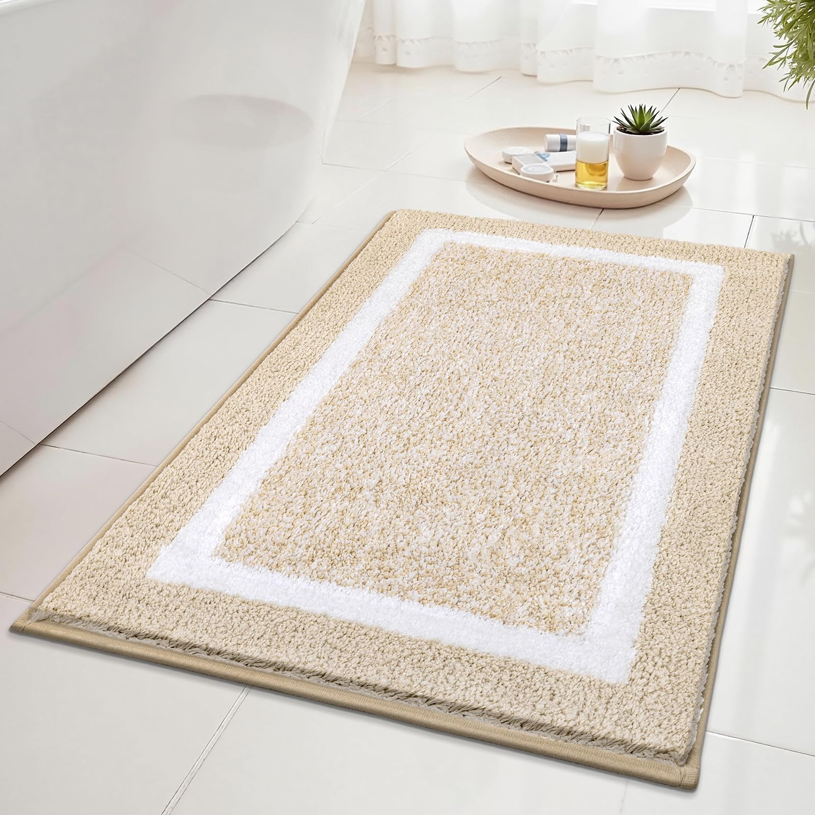 SHACOS Bath Mat Microfiber, Bathroom Mat Fluffy Shaggy Soft, Non-Slip Bathroom Rug, Super Absorbent Quick Drying, Machine Washable, for Shower Floor Bathtub, Beige, 45 x 65 cm โ image 1