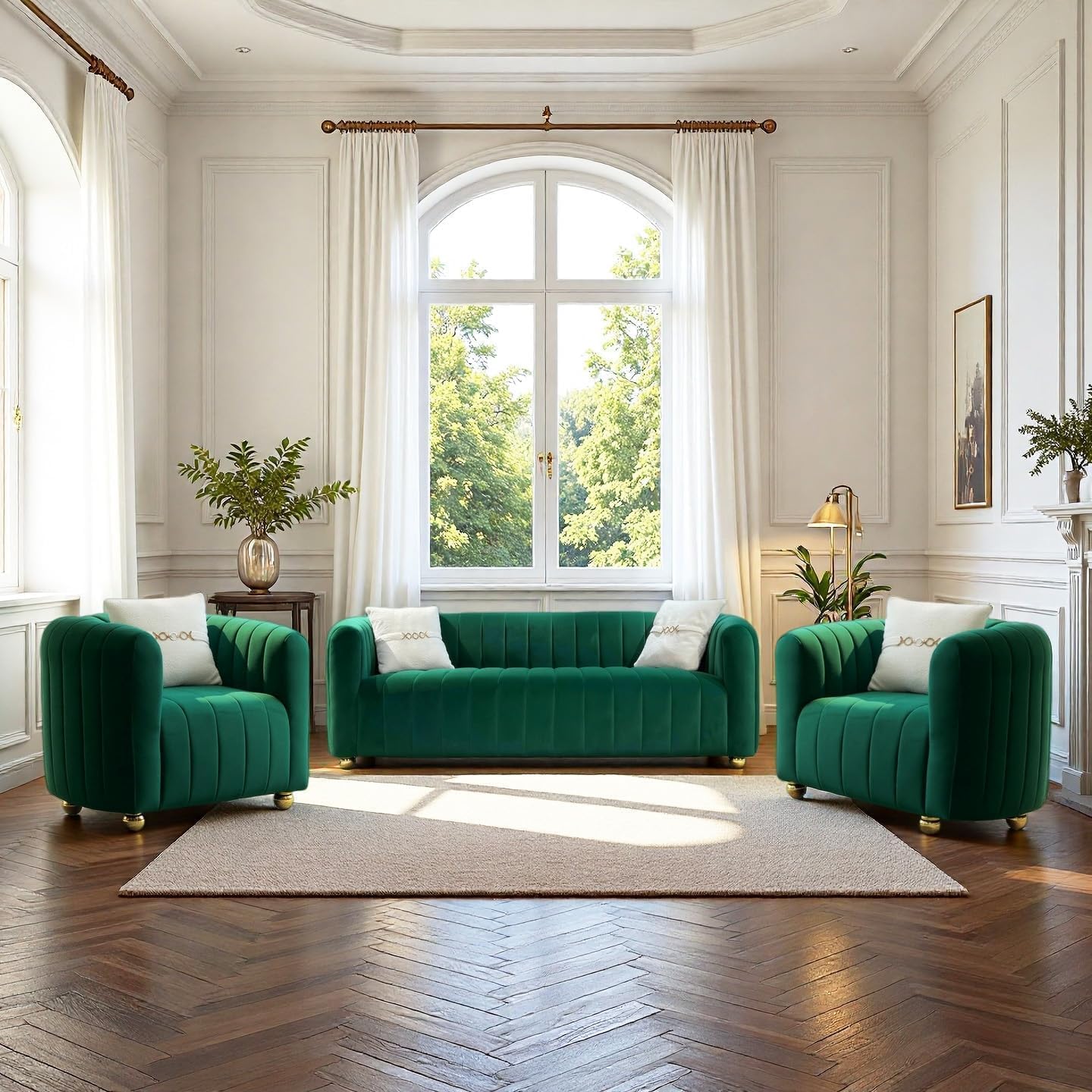 Latest Comfortable Velvet Fabric Sofa in Modern Round Arm Design for Your Loving Spaces, Hallways, Living Room, Bedroom (Green, 3+1+1 Seater)-image-12