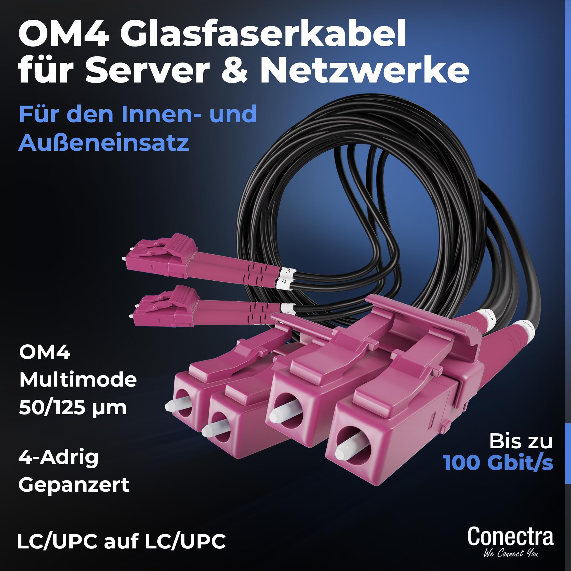 40m Câble Fibre Optique Blindé 4 Brins OM4 LC/UPC ⌀4mm | Multimode 50/125µm, Jarretière Rallonge Cordon, Breakout sans Épissures, Intérieur/Extérieur, Noire, LSZH