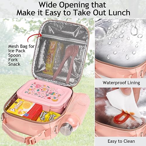Miniatura 4 de yookee home Lonchera para niños, loncheras aisladas, loncheras para niños, bolsa de almuerzo térmica pequeña para la escuela, color rosa
