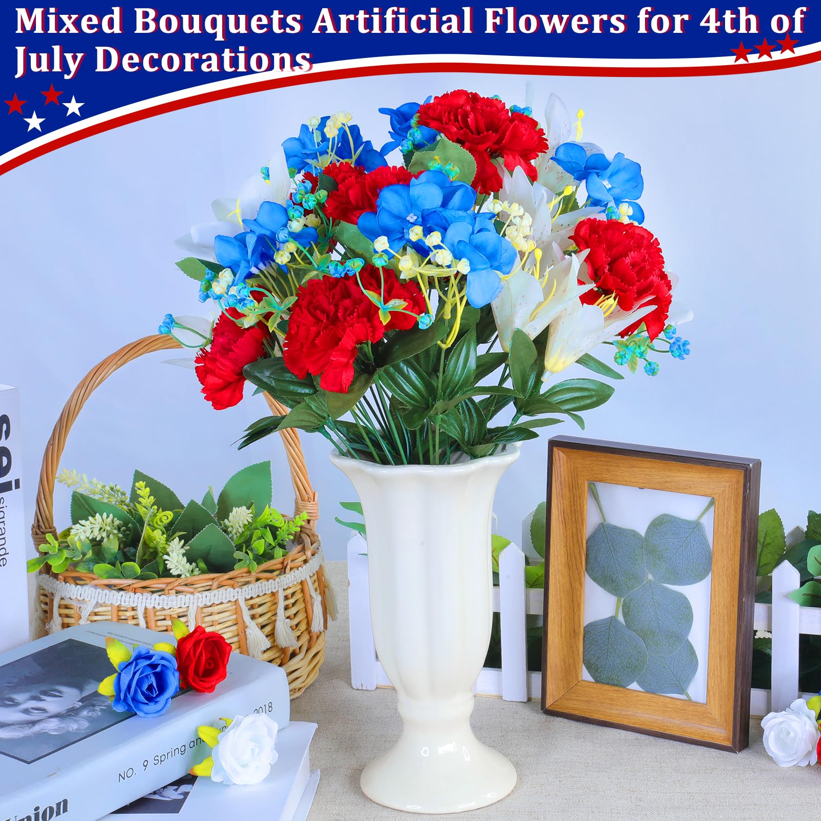 12 Pcs Artificial Chrysanthemums – Red White Blue Silk Flowers For 4th ...