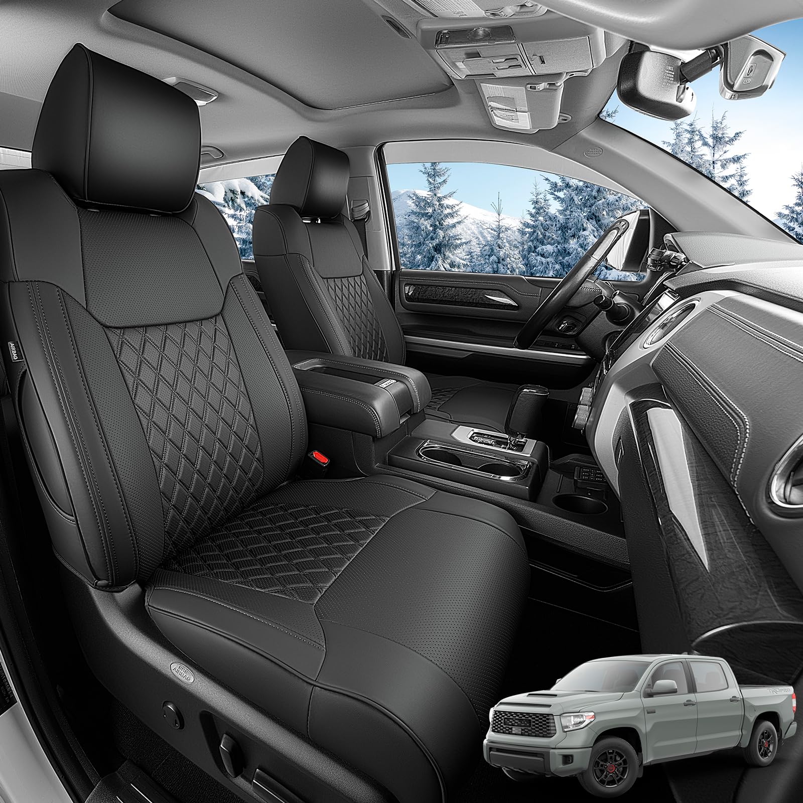 CarQiWireless Full Set Seat Covers for Toyota Tundra 2014-2021 CrewMax Only Full Covered Leather Protectors for Tundra 2015