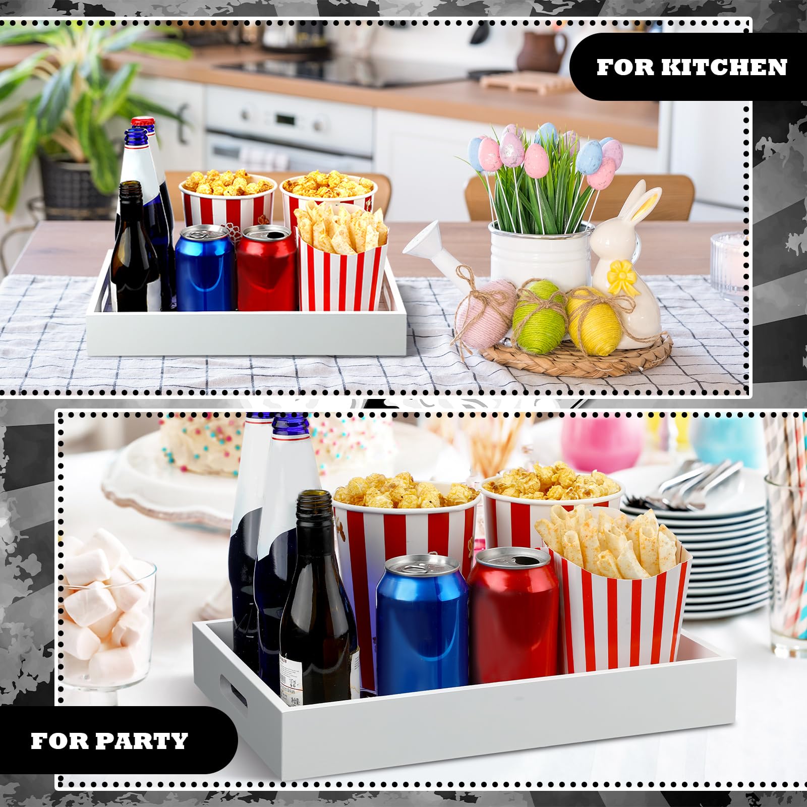 Teenyyou Bandeja de servir de noche de cine con asas, caja de almacenamiento de aperitivos de madera para bandeja de almacenamiento de encimera, cesta de almacenamiento para el hogar, patatas fritas,