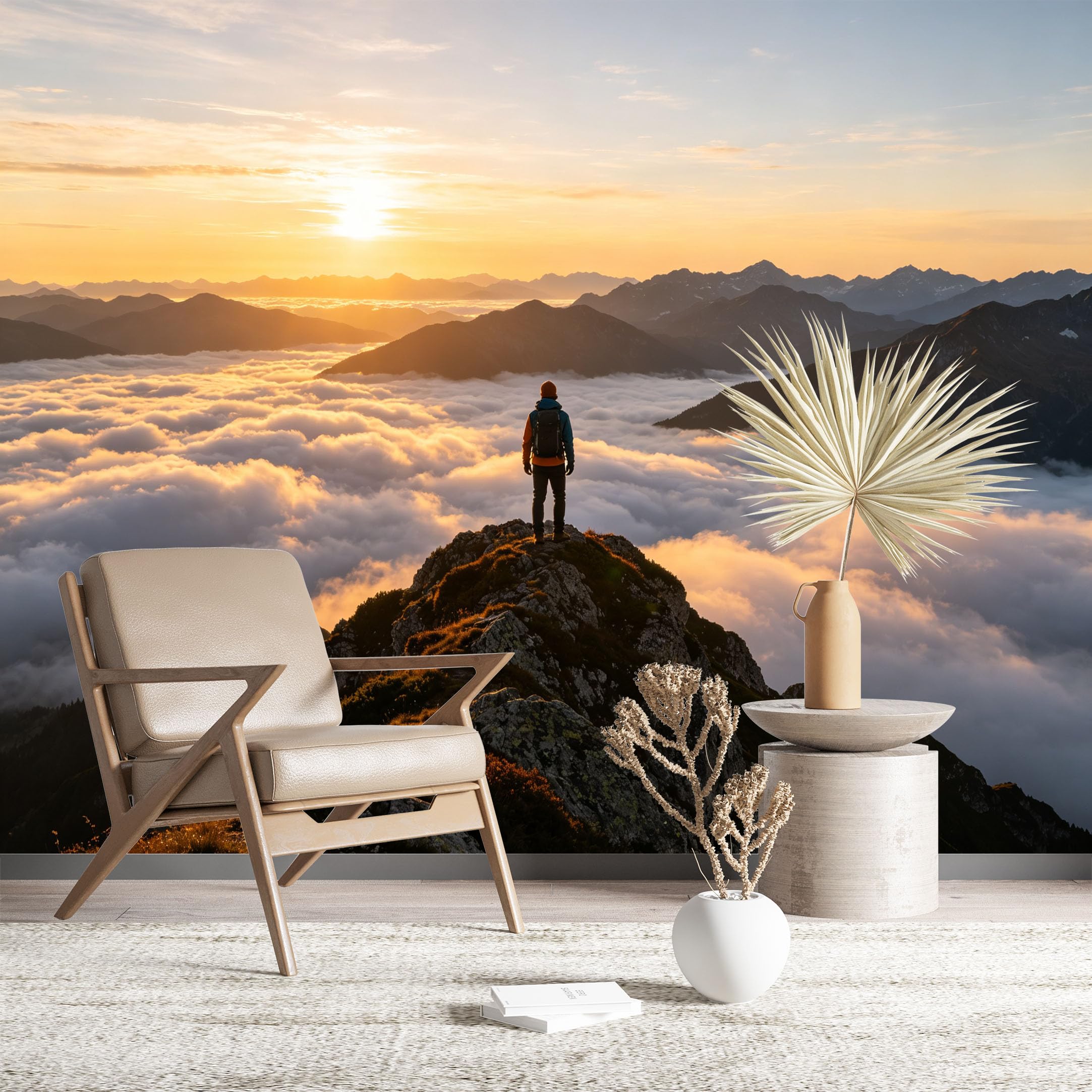 Custom Size Wall Murals Mountain Top Sunrise View Self-Adhesive Wall Fabric (NO PVC) Removable Wallpaper for Living Room Bedroom