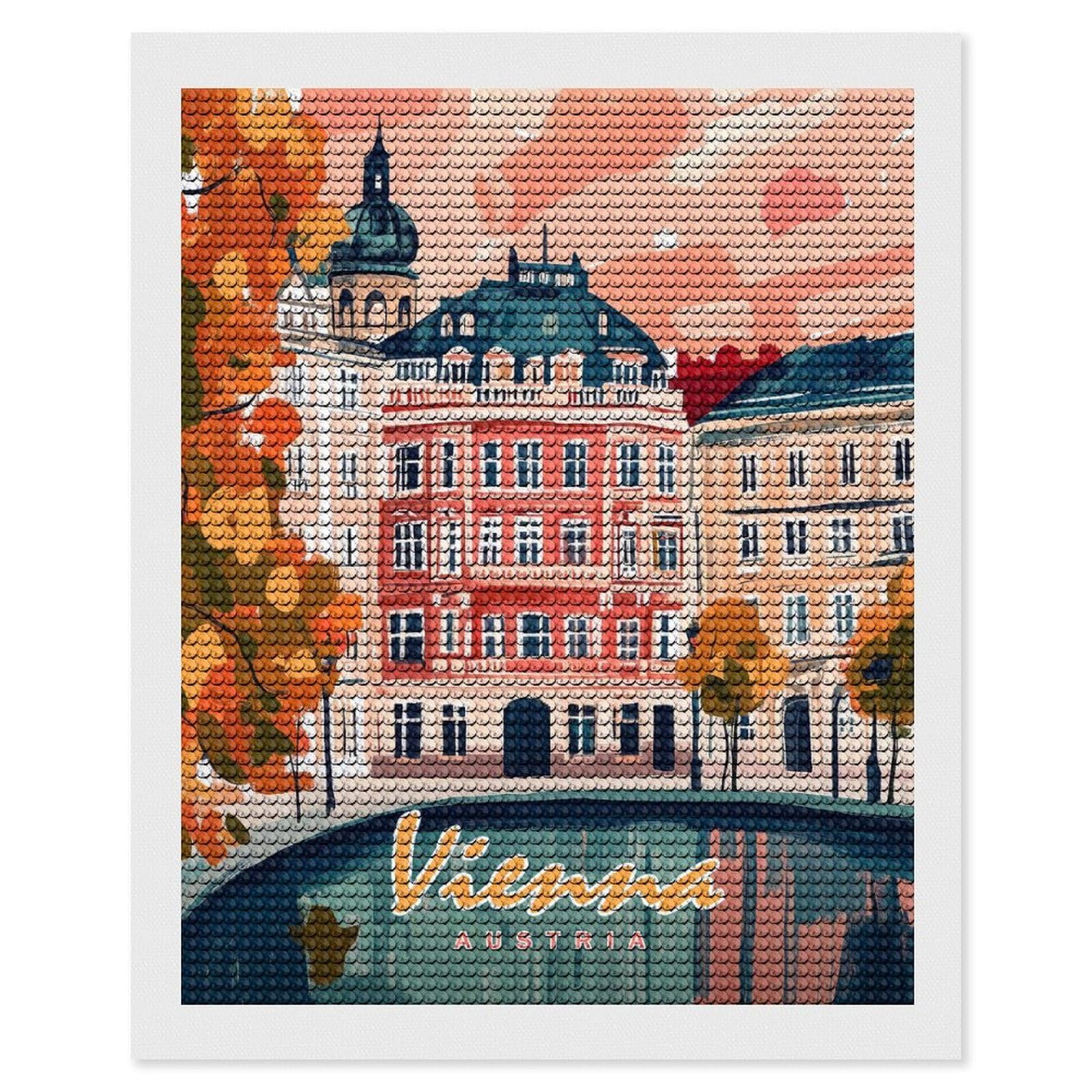Junmoney Vienna Cityscape Painting DIY Diamond Art Canvas Kit 16"x20", for Teens, Finish and Display, Holiday Gift Idea, Vintage Style Decor