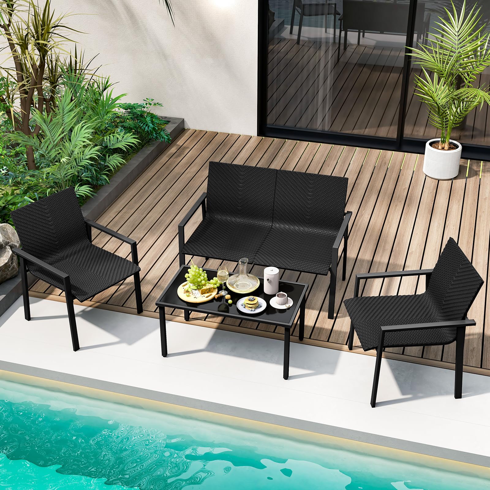 GIANTEX Gartenlounge Outdoor Möbelsets, Garten Lounge Gartenmöbel Set Polyrattan, 4 tlg. Terrassenmöbel, Sitzgruppe 4 Personen Tisch 2 Stühle Sitzbank, Balkonmöbel Kleiner Balkon, Balkonset Wetterfest