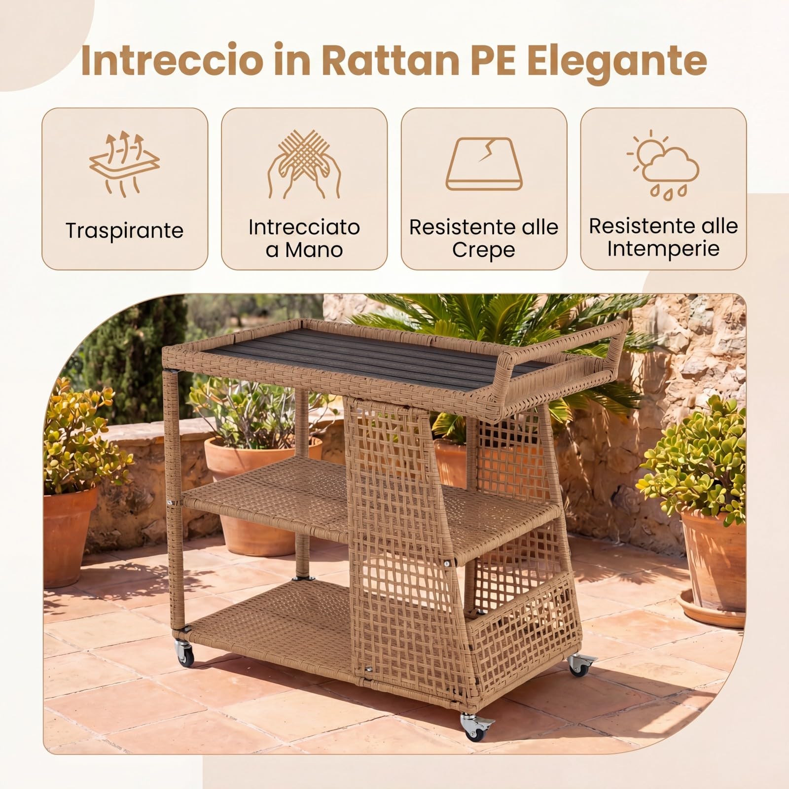 SOARS Carrello Bar in Rattan, Carrello Portavivande con 3 Ripiani Aperti e 4 Ruote, Maniglia Ergonomica, Moderno Carrellino Servizio Esterno Interno per Giardino, Terrazzo, Cucina, 98 X 54 X 92 CM