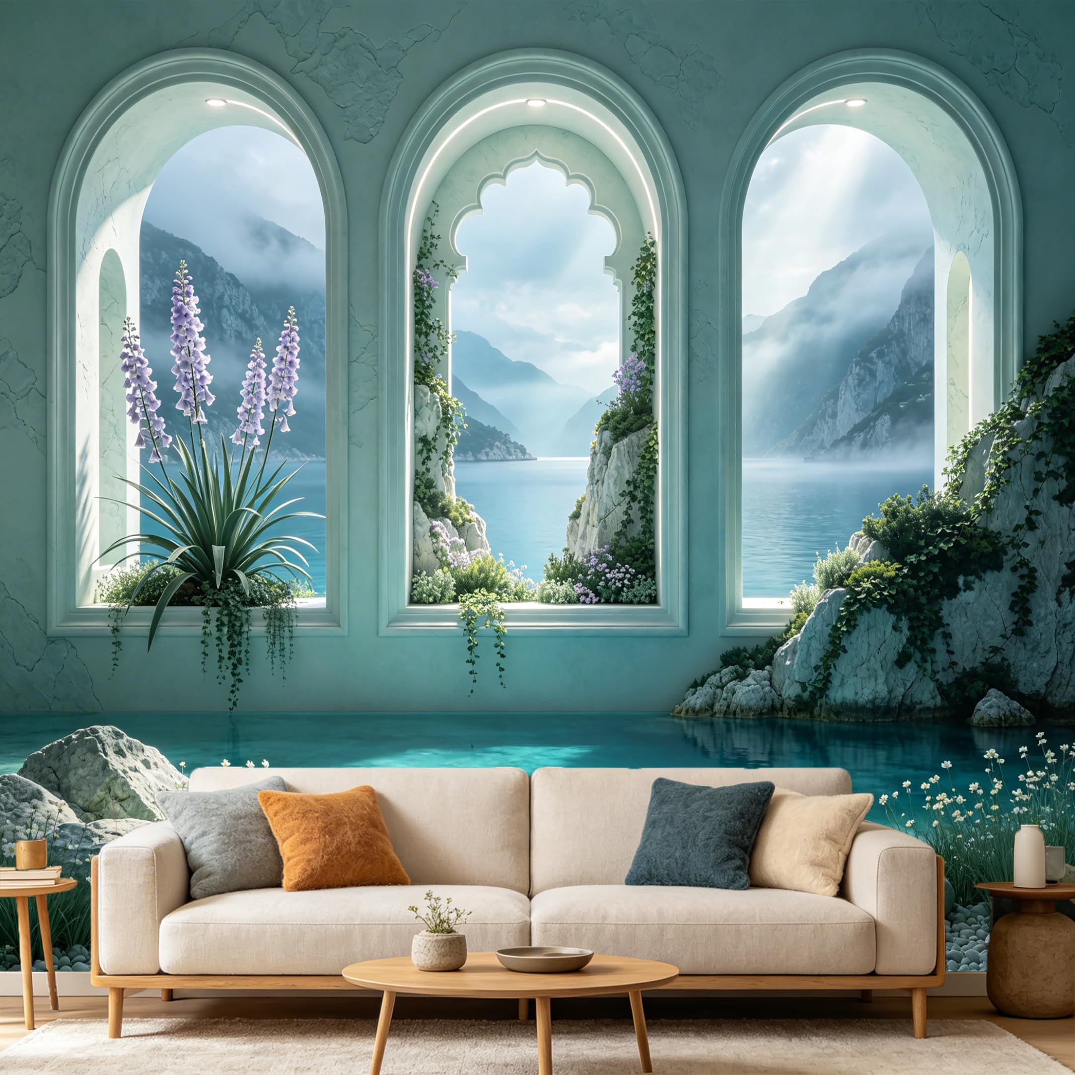 Custom Size Wall Mural， 3D Arched Window Mountain Lake View Tropical Botanical， SelfAdhesive Art Prints wall Fabric Removable Large Wallpaper Home Living Room Decor