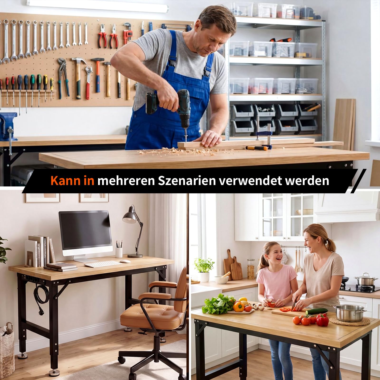TLGREEN Schwerlast Werkbank aus Gummibaumholz, 122cm Arbeitstisch 5-stufig Verstellbare Höhen, Werktisch mit Steckdosen und Stecktafel, 907kg Tragkraft,15PCS Haken,Garagentisch für Werkstatt Büro Haus