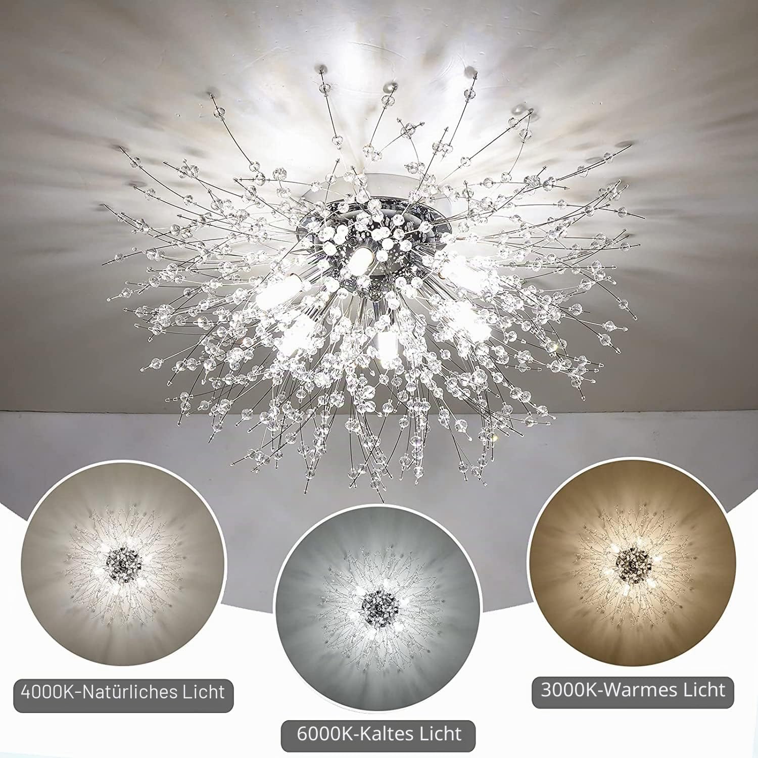 Rayofly Modern Kistall Deckenleuchte Wohnzimmer, Feuerwerk Kristall Deckenlampe Schlafzimmer, 6-Flammige Kistall Kronleuchter, Chrom Dimmbare Pendelleuchte Schlafzimmer, Esszimmer, Flur, Küche