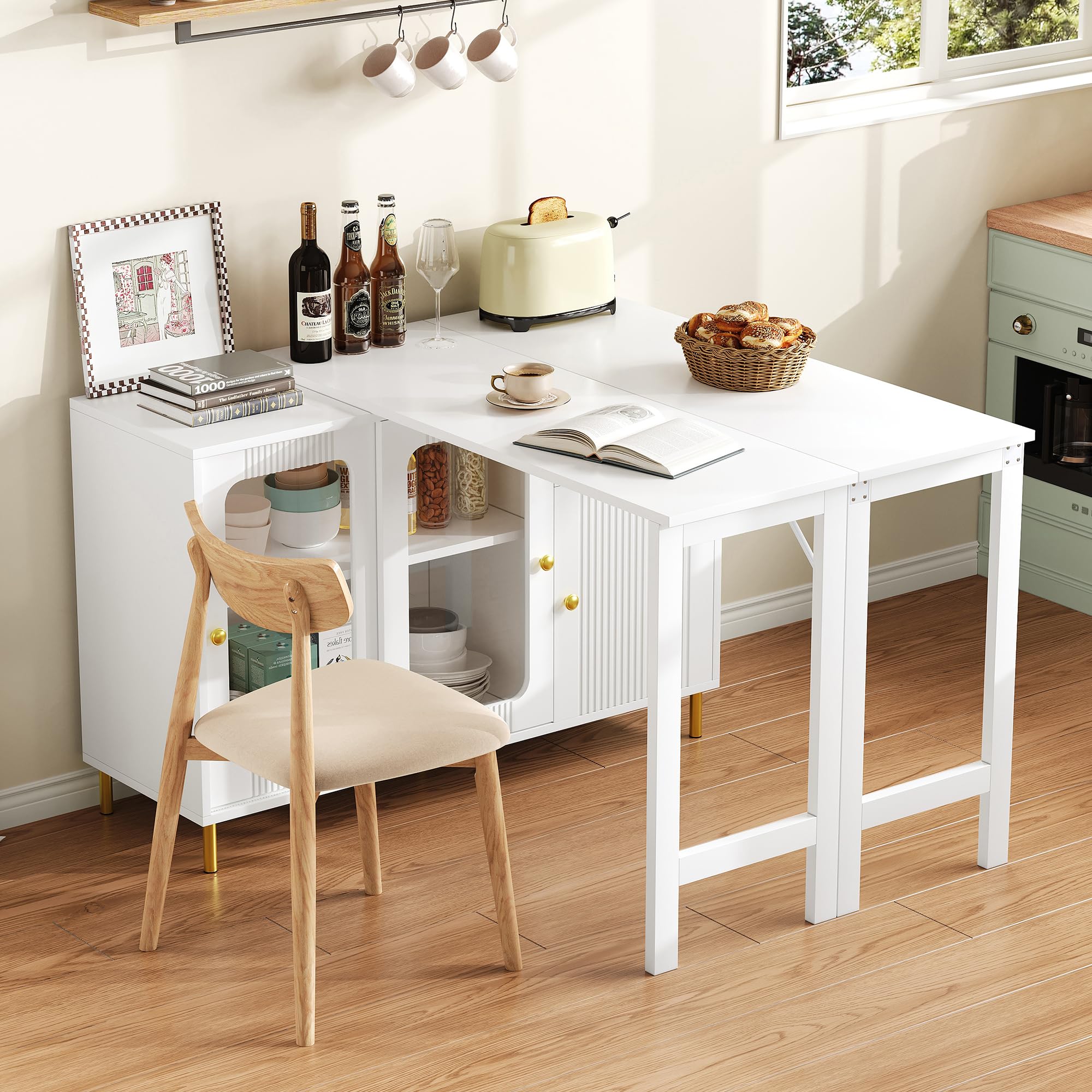 Merax 360° swivelling Dining Bar table Kitchen island, with White storage cabinet with glass doors, 1 Drawer and Folding extending table-40-80X122CM, for dining room/kitchen/living room