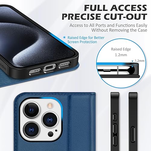 Miniatura 7 de SHIELDON Funda para iPhone 15 Pro de 6.1 pulgadas, funda de piel auténtica tipo cartera con bloqueo RFID, tarjetero magnético, función atril,