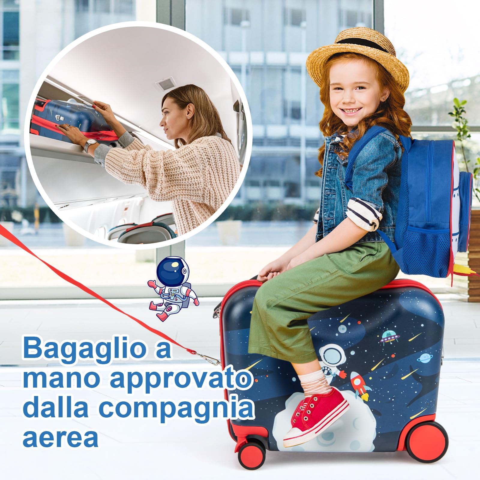 COSTWAY Valigia Cavalcabile per Bambini, 18" Valigia+ 12" Zaino,2 Pezzi, Trolley Bambini Bagaglio a Mano con Ruote Girevoli e Maniglia Retrattile, 2 Cingie Multiuso (Modello 4)