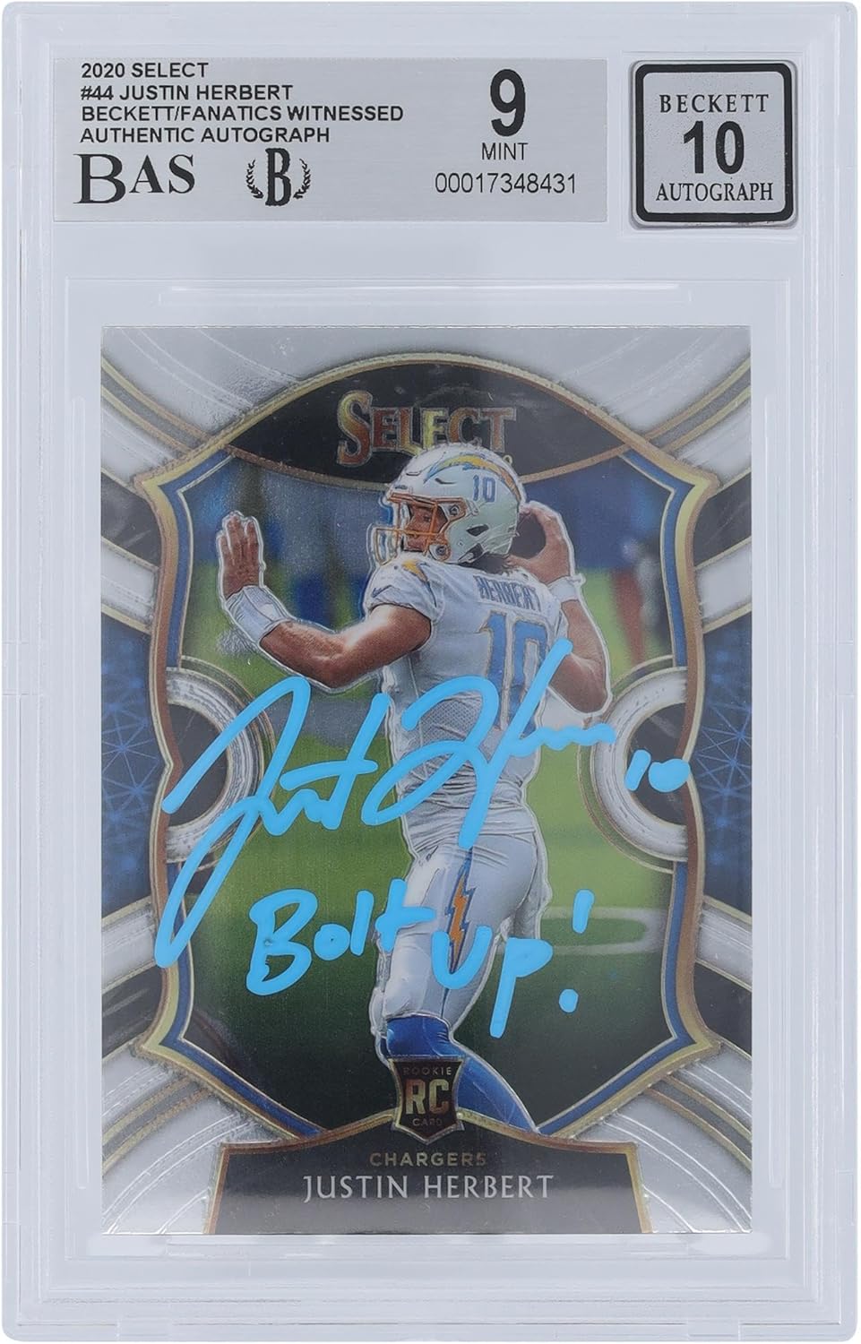 Justin Herbert Los Angeles Chargers Autographed 2020 Panini Select Light Ink #44 Beckett Fanatics Witnessed Authenticated 9/10 Rookie Card with "Bolt Up!" Inscription - Football Slabbed Autographed