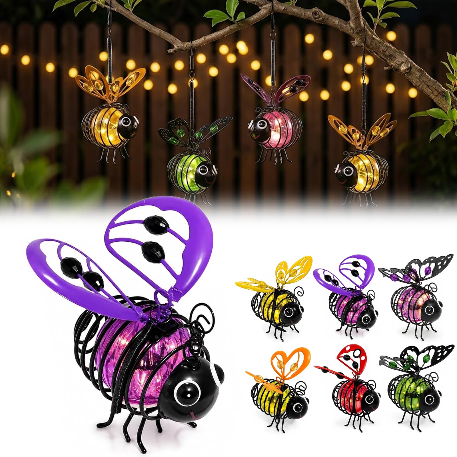 Solar-Powered Hanging Bee Light for Garden, Flicker-Free, Waterproof，Purple
