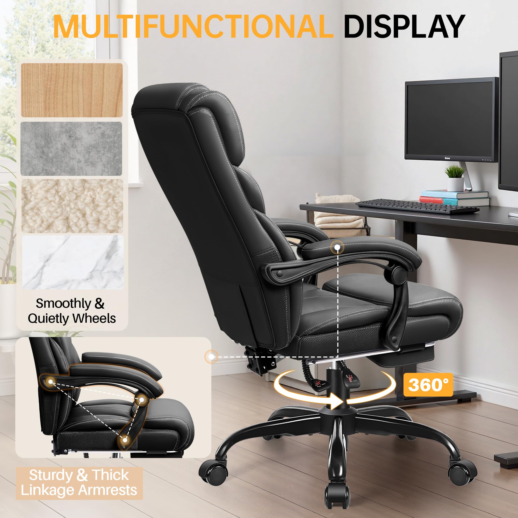 Office Chair, Executive Big and Tall Leather Desk Chairs with Footrest, Ergonomic Breathable Computer Chair with Adjustable High Back, Lumbar Support Swivel PC Chairs with Rocking Function