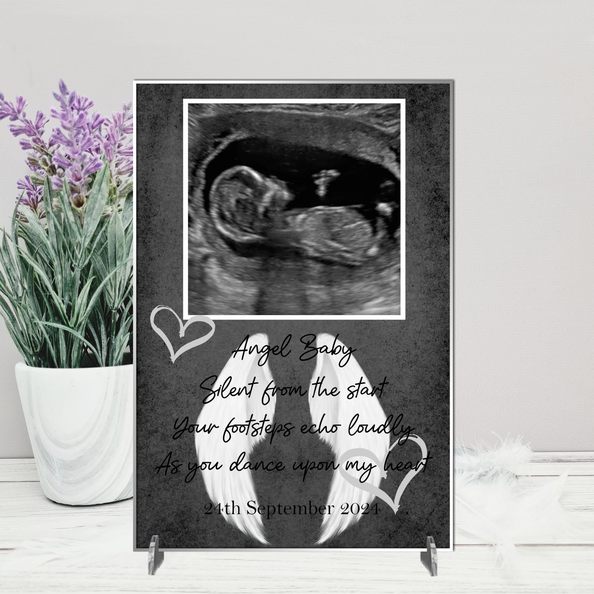 Personalised Angel Baby Memorial Plaque – Memorial Sign with Angel Wings Design | Commemorative Baby Loss Plaque with Sonogram Image (Acrylic Indoor & Outdoor Use, A4 30cm x 21cm)