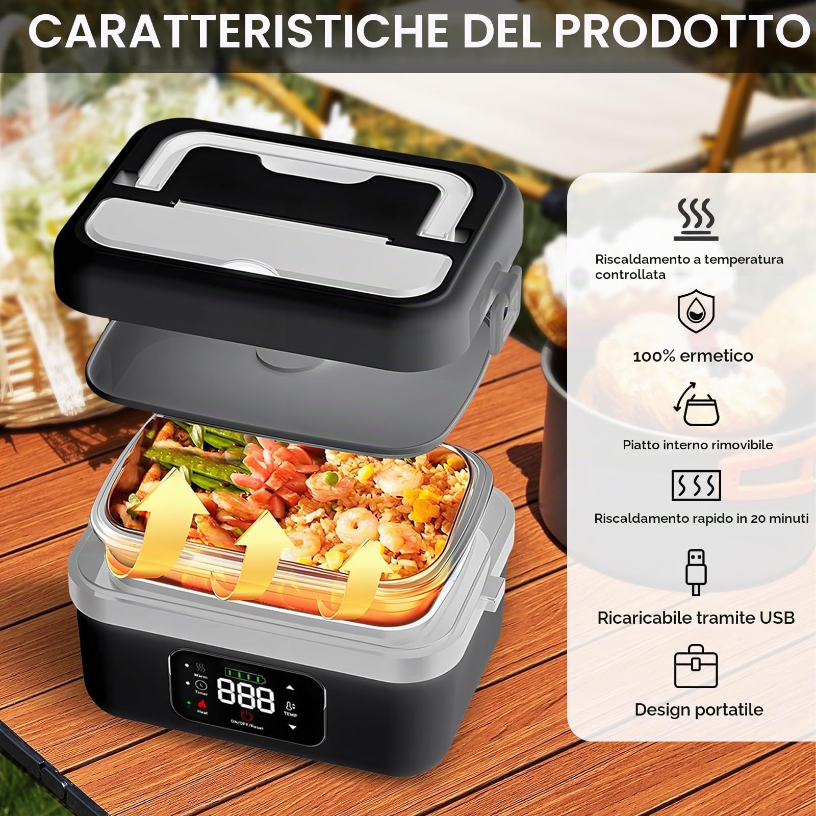 Lunch Box Elettrico Portatile, Scaldavivande Porta Pranzo Riscaldabile con Timer, Scatole Bento Prova di Perdite, Lunch Box Ricaricabile Autoriscaldante Senza Fili per Pasti Fuori Casa