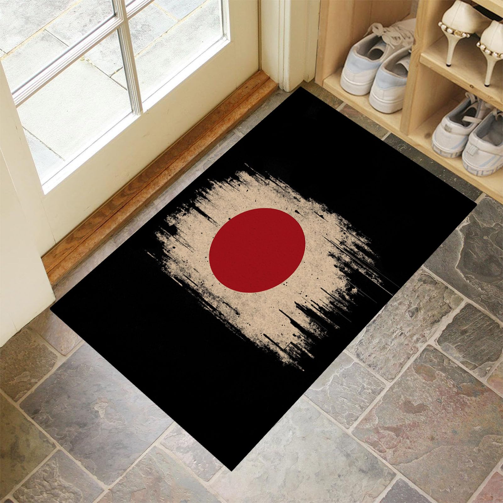 Tapis d'entree super doux imprimé drapeau japonais noir rouge de qualité