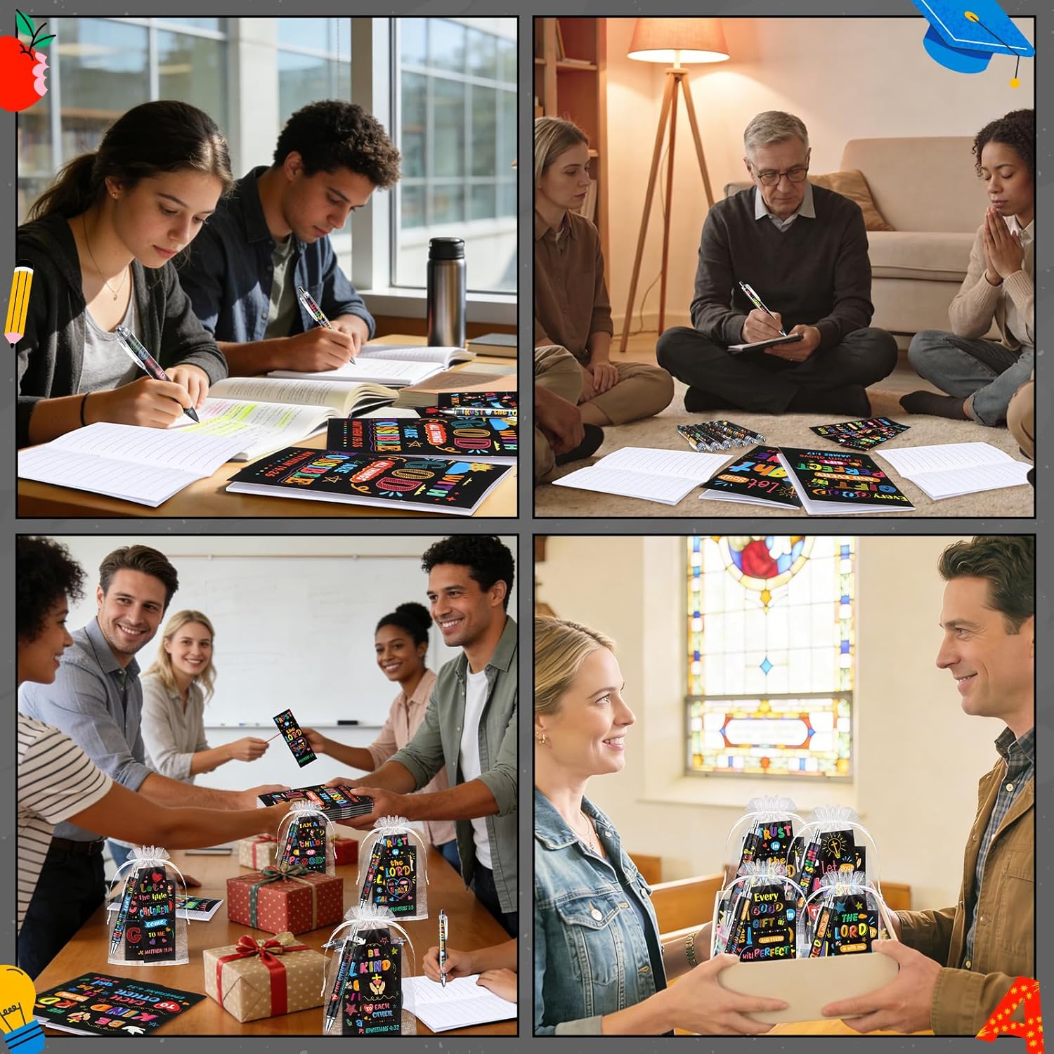 Moinchore 200 Pcs Christian Gifts for Women Christian Accessories Include 50 Bible Verses Notebooks 50 Church Bookmarks 50 Ballpoint Pens 50 Organza Bags for Church Motivational Gift (Bright)