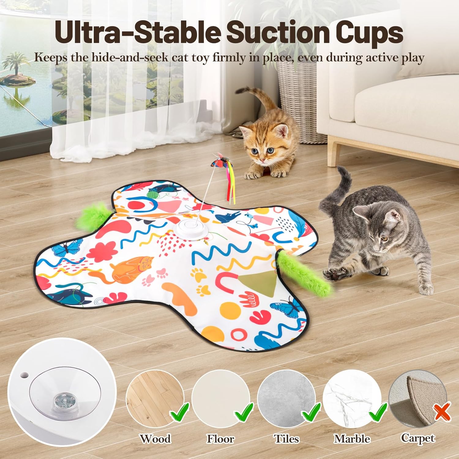 Interactive Cat Toys, Automatic Hide and Seek Cat Toys for Indoor Cats with 4 Lifelike Sounds, Touch Activated, Motorized Wand Feather, and Moving Butterfly for Bored Adult Kitten Cats