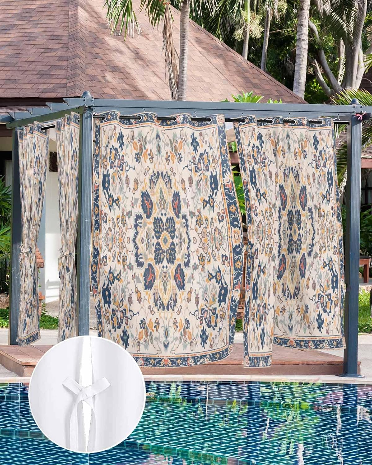Outdoor Curtains for Patio Waterproof Boho Tribal Floral Grommet Outside Curtains for Porch Vintage Middle Eastern Ethnic Style Sun Blocking Outside Privacy Drapes for Gazebo Pergola 54"x84" 1 Panel