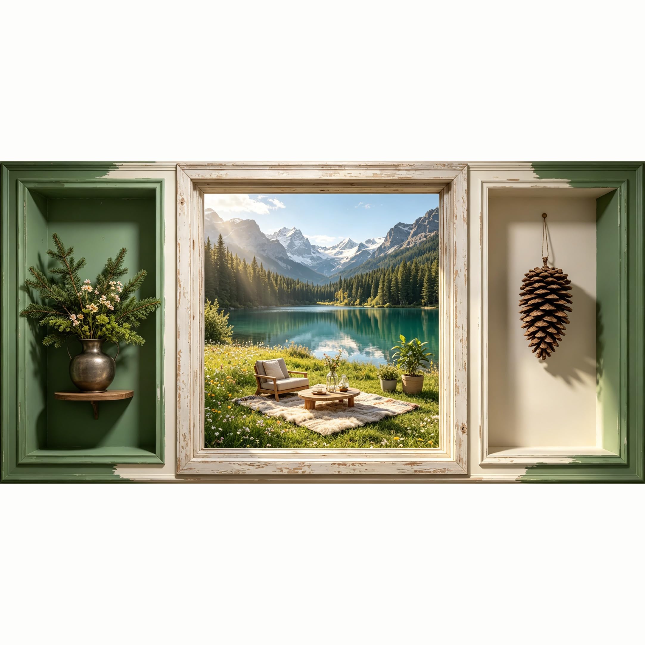 QZLITHOTIC 50x100cm 3D Framed Wall Art， Mountain Lake Landscape Scenery Self‑Adhesive Mural， Water‑Activated Peel & Stick Fabric Decor Wall Decal for Bedroom Living Room