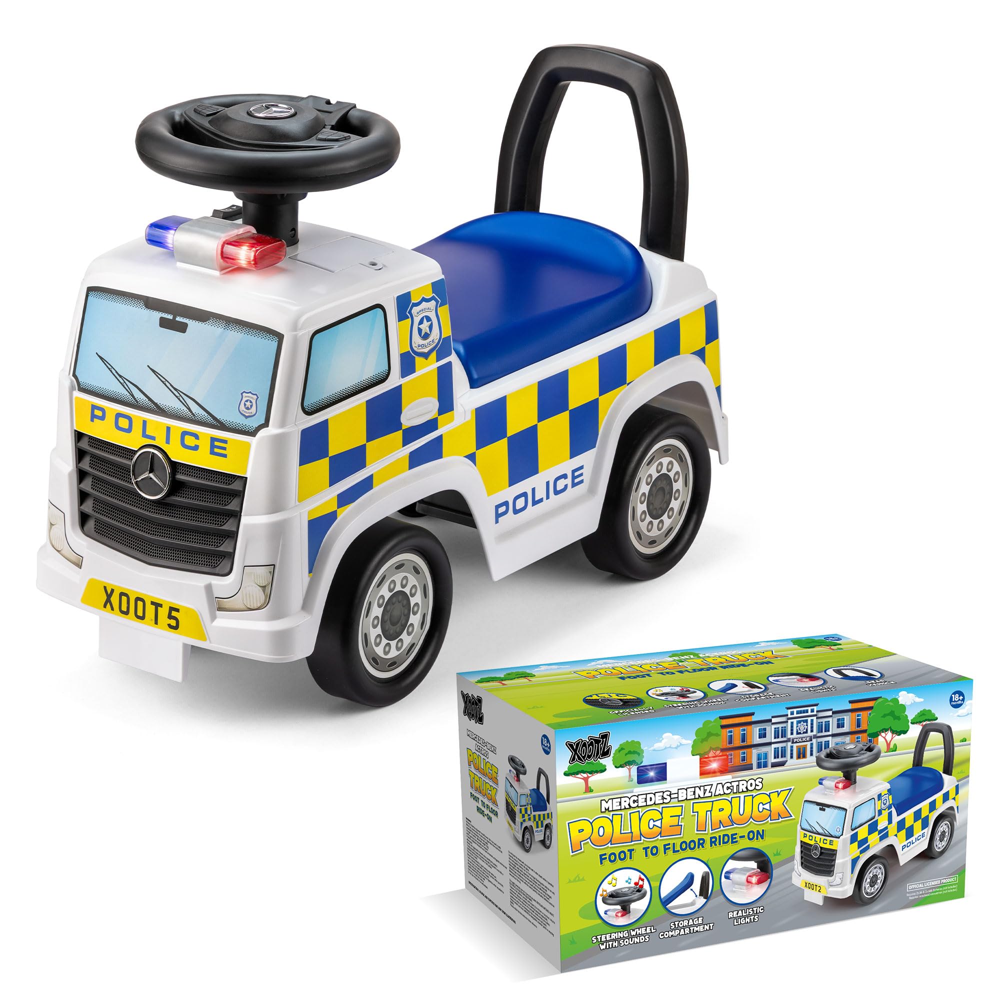 Xootz Mercedes Benz Police Foot to Floor Ride On, Officially Licensed Kids Ride On Car with Flashing Lights and Horn, Manual Ride On for Ages 18 Months+