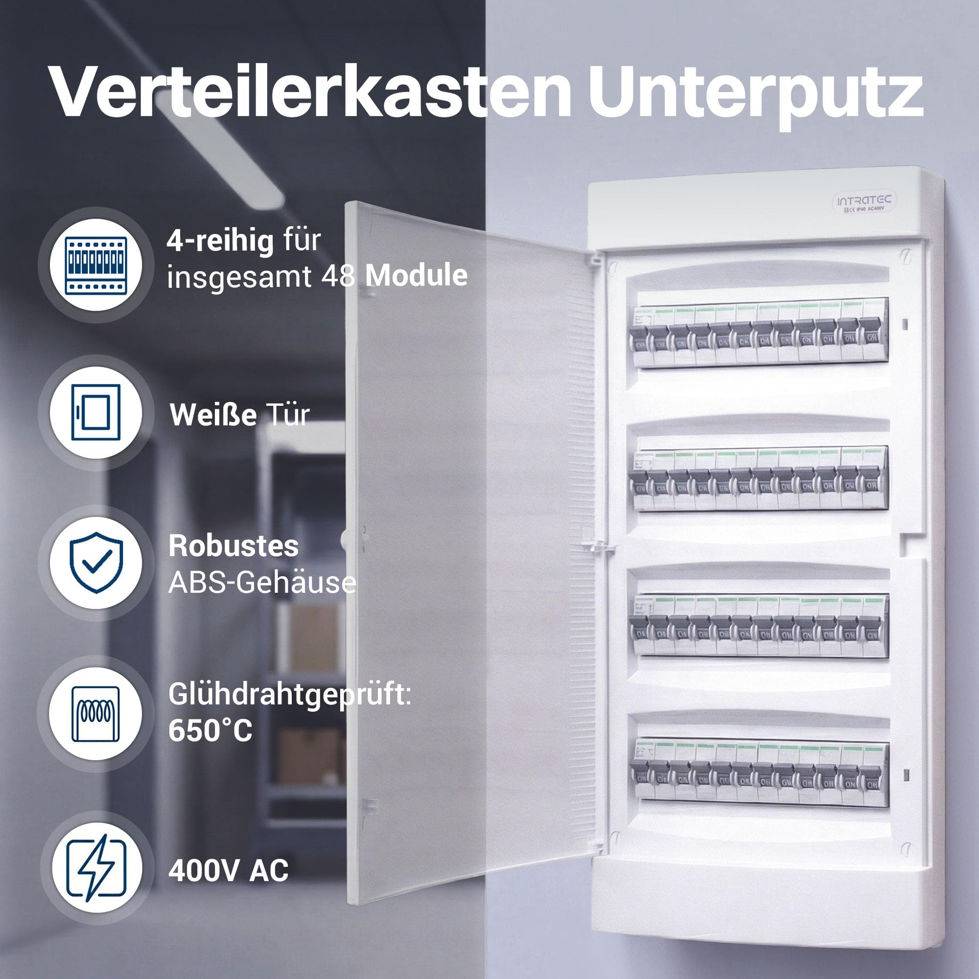 Intratec Sicherungskasten Unterputz 4 reihig – Unterputz Verteilerkasten IP40 für 48 Module mit weißer Tür und Hutschiene für einfache Elektroinstallation Zuhause & Gewerbe – 676 x 283 x 106mm