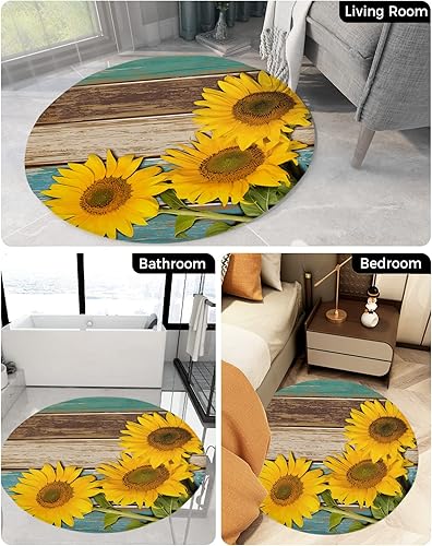 Miniatura 5 de Alfombra redonda de girasol verde azulado de 3 pies, lavable para interiores y exteriores, para dormitorio, cocina, baño, sala de estar, casa de