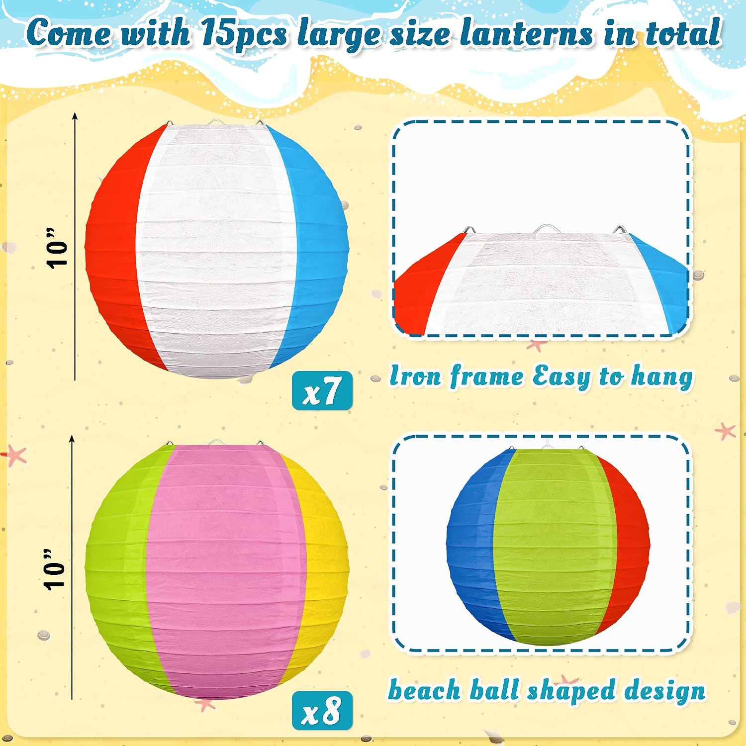 15PCS 10" Beach Balls Paper Lanterns Bulk Pool Summer Luau Hawaiian Tropical Hanging Party Decorations Indoor Outdoor