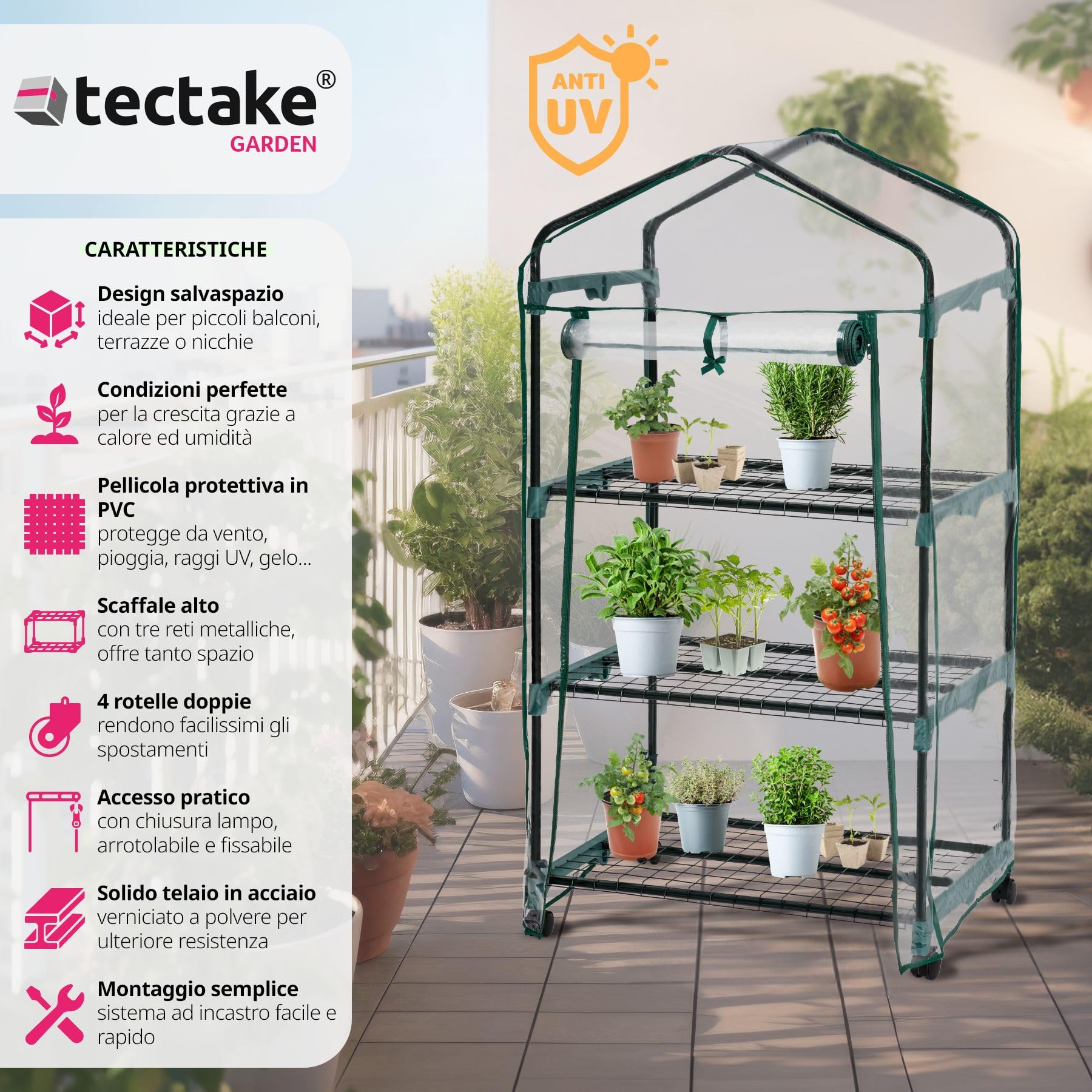 tectake® Serra da Giardino con Telaio in Acciaio, Serra da Esterno con 3 Piani di Appoggio, Griglia in Metallo, Pellicola in PVC, Comoda Porta di Accesso, Trasportabile, 69x49x133 cm