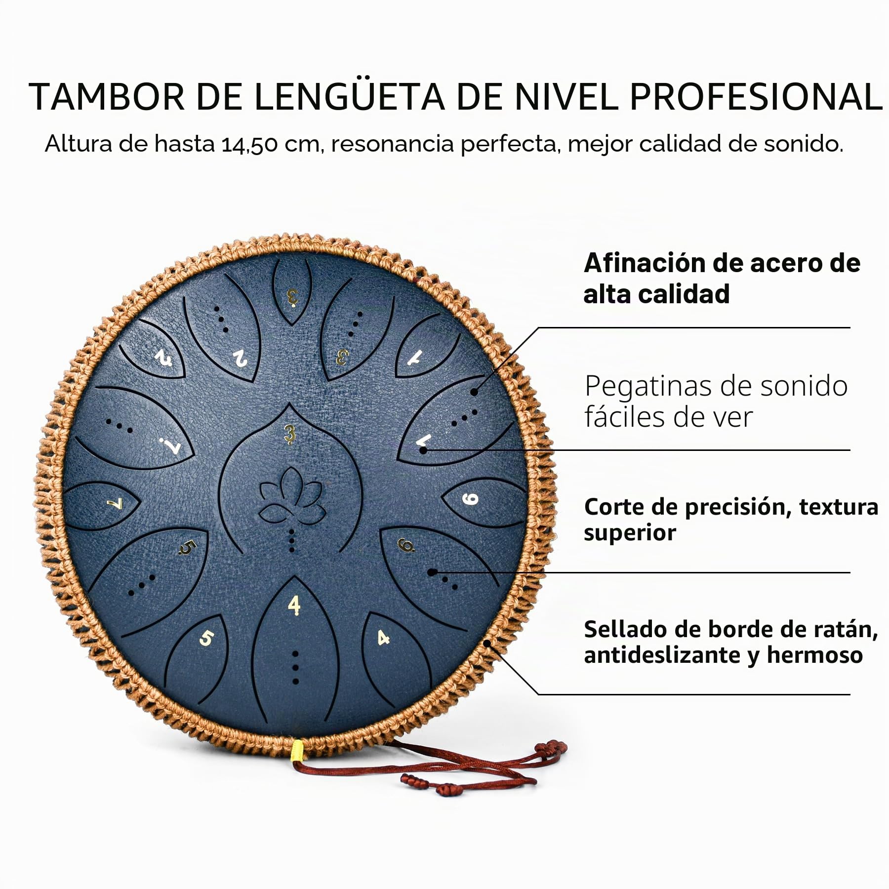 Tambor de lengua de acero de 13 pulgadas, 15 notas, tambores de mano para adultos 440 Hz, instrumento musical C Major Handpan con libro de canciones, mazos y bolsa de transporte, azul marino
