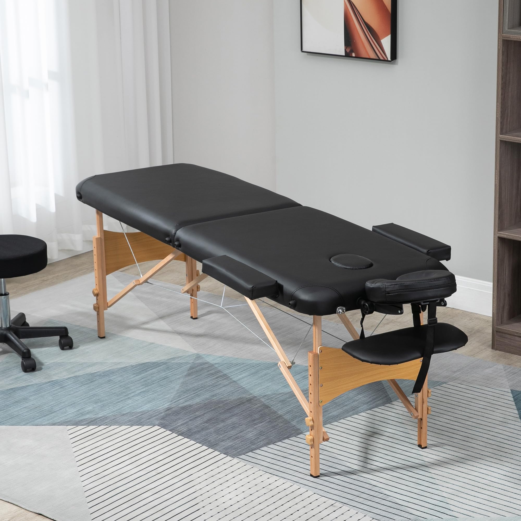 HOMCOM Camilla de Masaje Plegable 210x81 cm Camilla Estética Profesional con Reposacabezas Extraíble 2 Zonas Asa y Marco de Madera con Altura Regulable y Bolsa de Transporte Negro