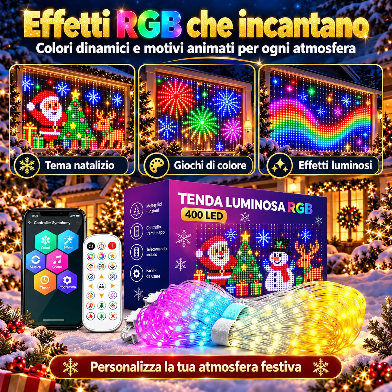 Tenda 400 RGB LED Natalizia Animata, Effetti RGB per Casa e Feste (3m*3m)