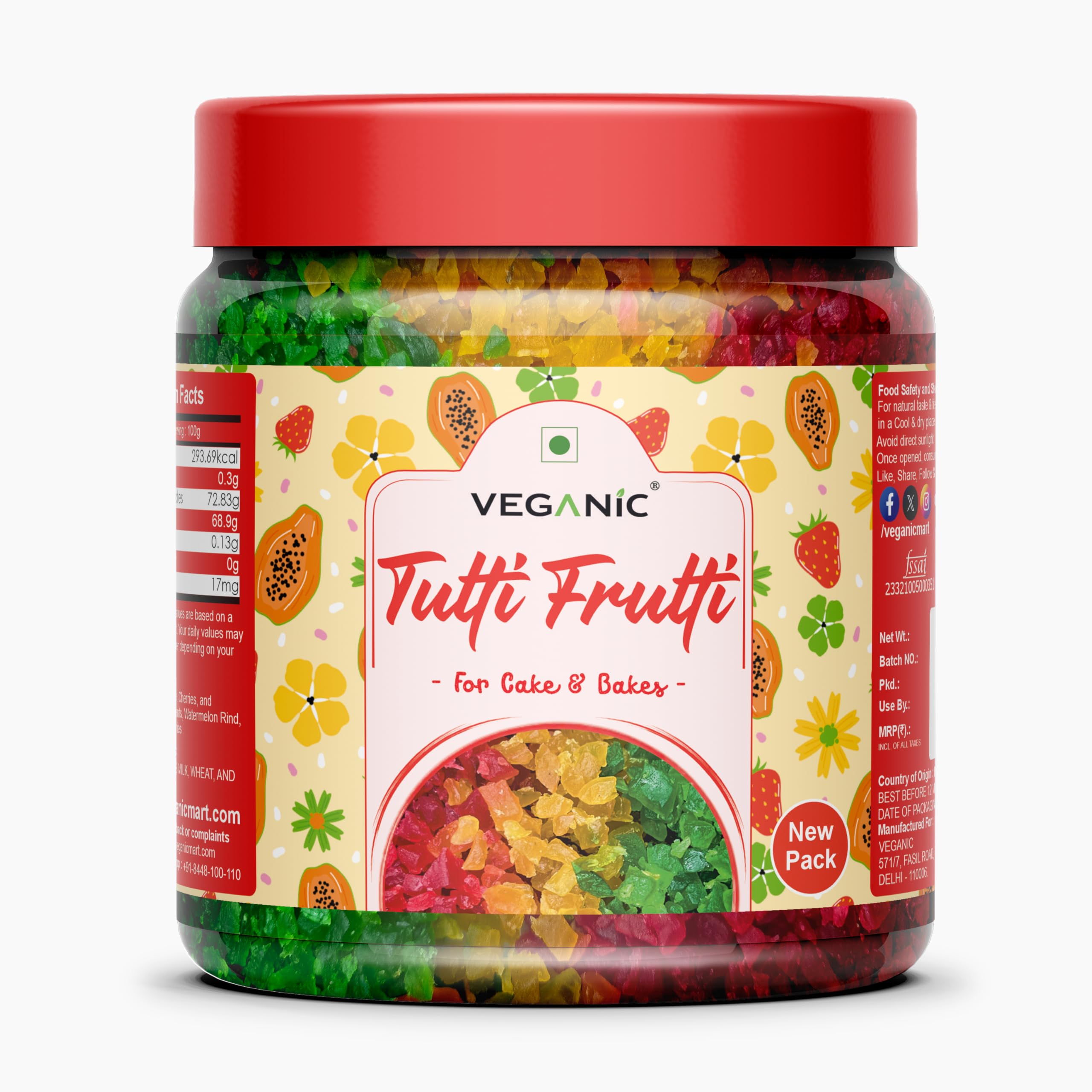 Veganic Tutti Frutti Cherry Mix - 400GM | Colorful Tuty Fruity | Tuti Fruity Fresh Cherries for Cakes & Cookies Decoration | Diced Fresh Raw Papaya