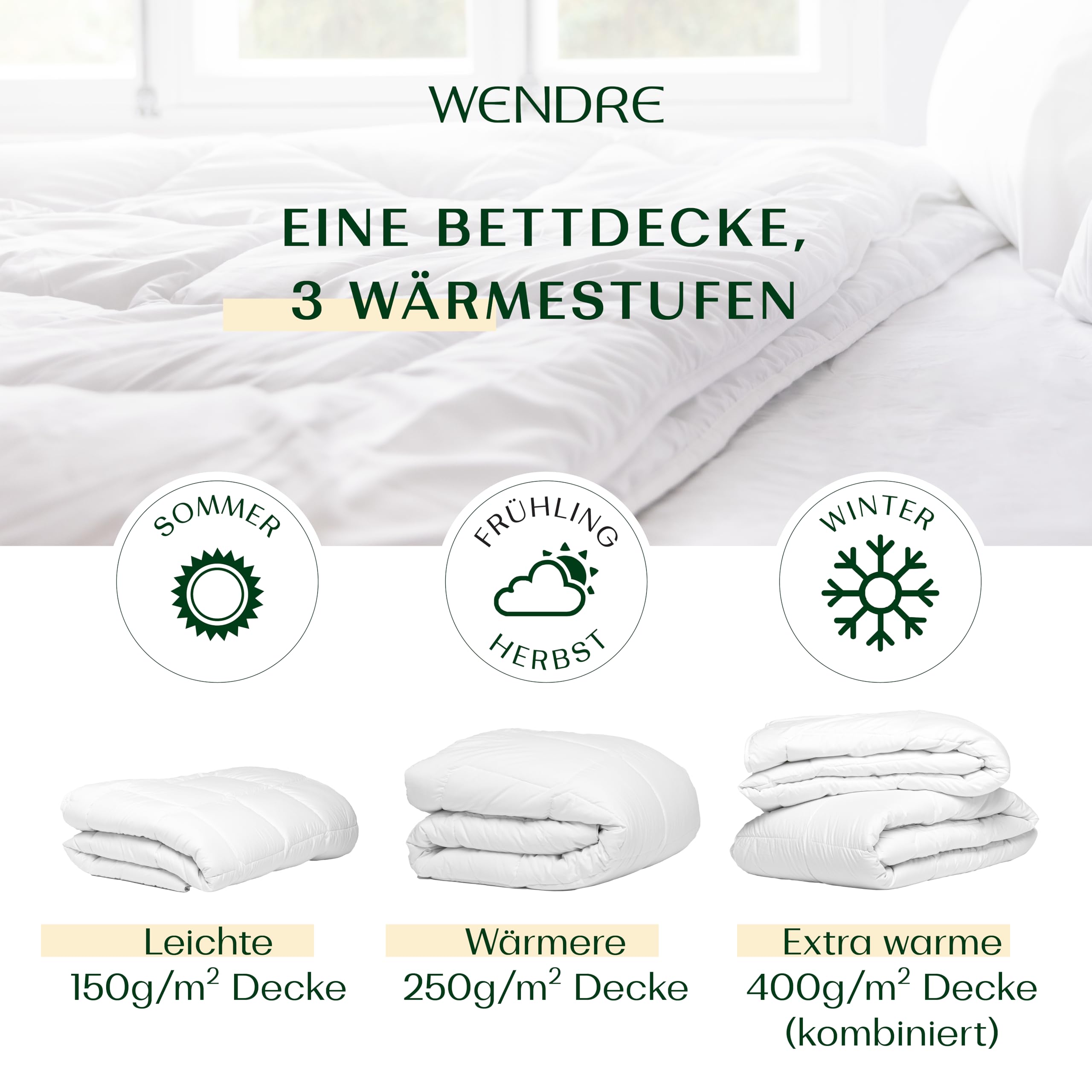 WENDRE 4 Jahreszeiten Bettdecke 140x200 – 2-teiliges Set, 150 + 250 GSM | 3-in-1 mit Druckknöpfen kombinierbar, Mikrofaser, allergikergeeignet, OEKO-TEX, waschbar, Made in EU