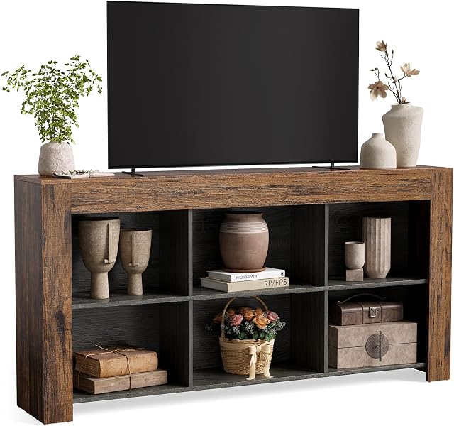 TV Stand with Storage, 63-Inch Entertainment Center with Shelves, Chic Modern Media Console for Television up to 65" for Living Room, Bedroom, Brown + Black
