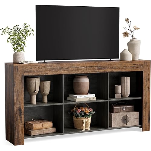 LITTLE TREE TV Stand with Storage, 63-Inch Entertainment Center with Shelves, Modern Media Console for Television up to 65" for Living Room, Bedroom, Brown + Black