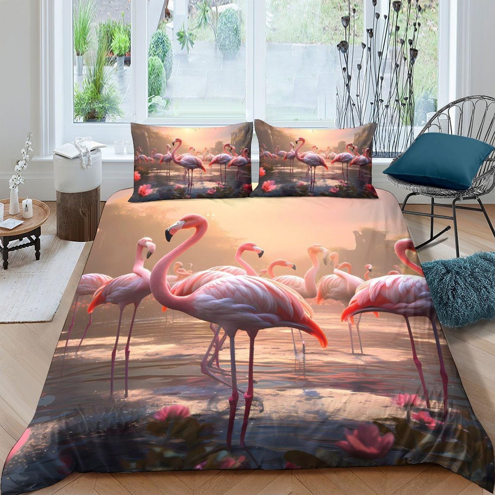 Ctjqhvkz Style-5 3D Printed Flamingo Sunset Fitted Sheet Microfiber Soft Breathable Lake Scene Mattress Cover For Bedroom Guest Room Decor Single（135X200cm）