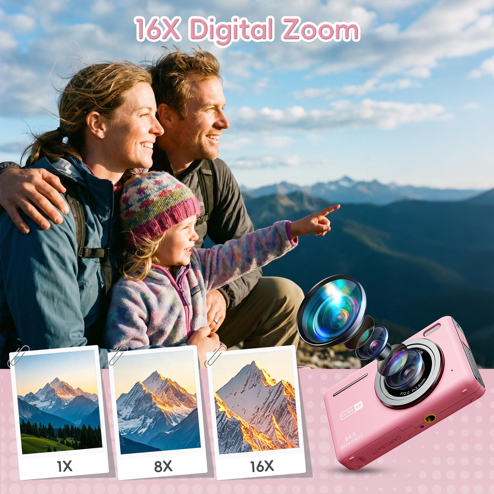 Macchina Fotografica Digitale 64MP 4K Fotocamera Digitale con Zoom Digitale 16X Ricaricabile Macchina Digitale Compatta con Scheda da 32GB per Bambini Studenti Principianti (Rosa)