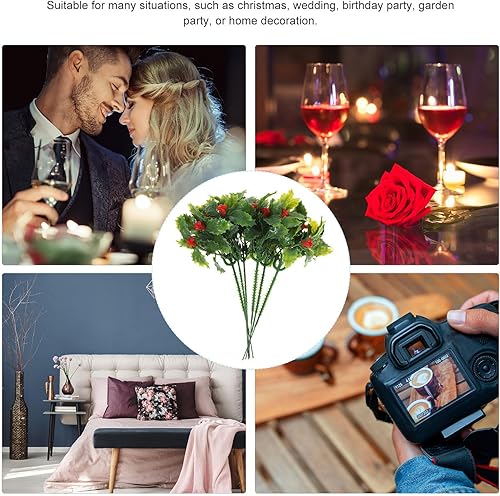 Miniatura 3 de LIFKOME Púas de bayas artificiales, 12 piezas de ramas de bayas de acebo con hojas, tallo vegetal, plantas falsas, flores, florero, relleno para