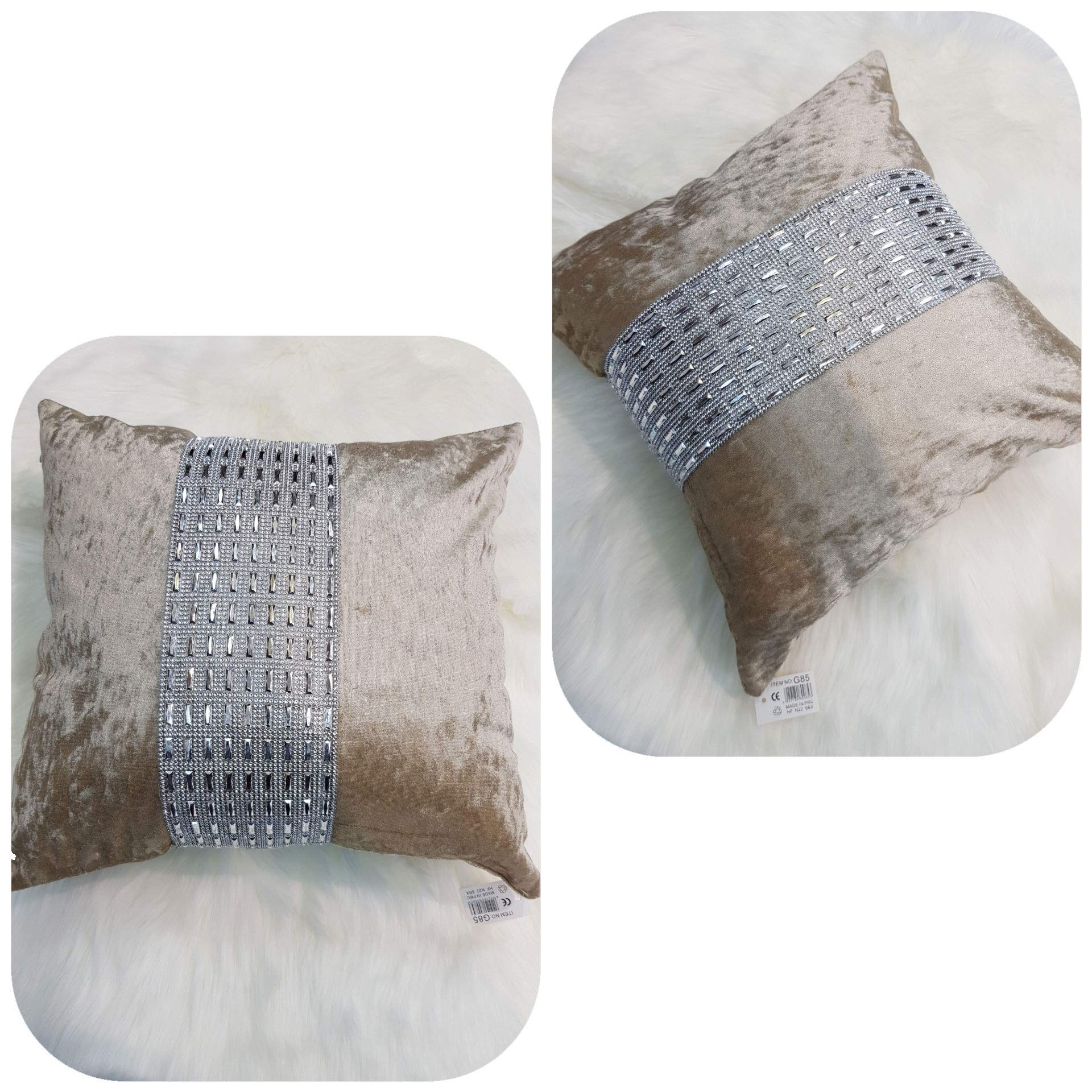 Householdfurnishing Beige Stylish Cushion Cover Crushed Velvet Luxurious Modern Design Sparkle Diamante (, Cushion Cover 45 X 45 Cm)