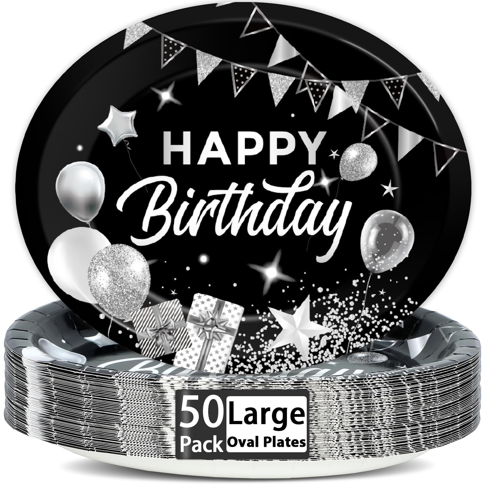 Lonfliness 50PCS Black and Silver Birthday Oval Paper Plates 11inch Large Silver Platters, Happy Birthday Party Decoration Heavy Duty Dish Tray for
