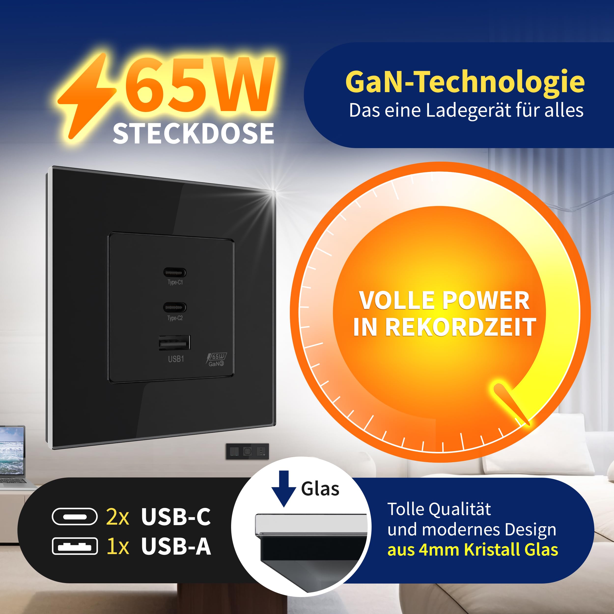 PULSAR Steckdose GaN PD 65W Schnellladen 2x USB-С 1 x USB-A mit Wandsteckdose Glas Schwarz Unterputz 157x86mm Kompatibel mit iPhone, Samsung, Laptop