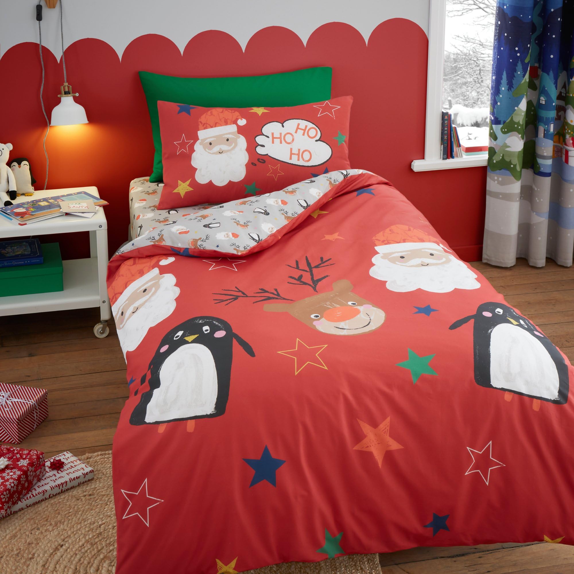 Bedlam - Santa Claus, Reindeer & Penguin Duvet Cover - Double Bedding Size (200 x 200cm) - Reversible Designs - 2x Pillowcases - Christmas Cartoon Duvet Cover - Christmas Bedding - Xmas Decorations