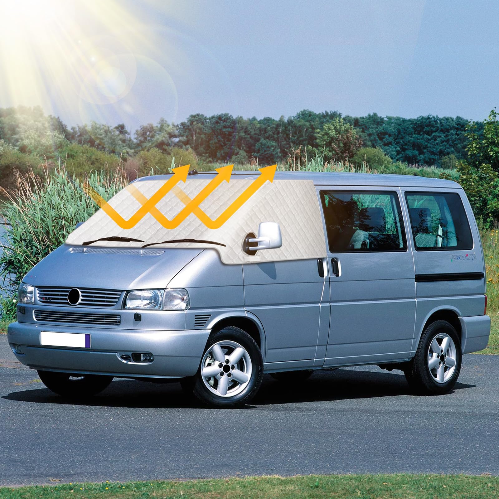 Auto Windschutzscheiben Abdeckung für VW T4 1990-2004, Faltbare Externe Thermo Scheibenabdeckung Windschutzscheibenabdeckung, Blockiert UV Strahlen Frontscheibenabdeckung
