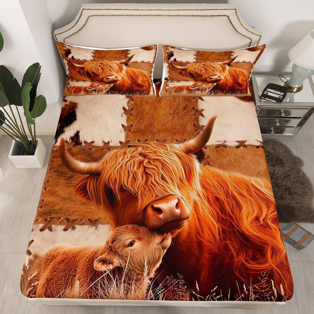 Manfei Highland Cattle Kids Fitted Sheet Single Size, Beige Brown Patchwork Cow Fur Print Bedding Set for Boys Girls Adults, Farm Animal Bed Cover with 1 Pillowcase, Soft Polyester Bedding